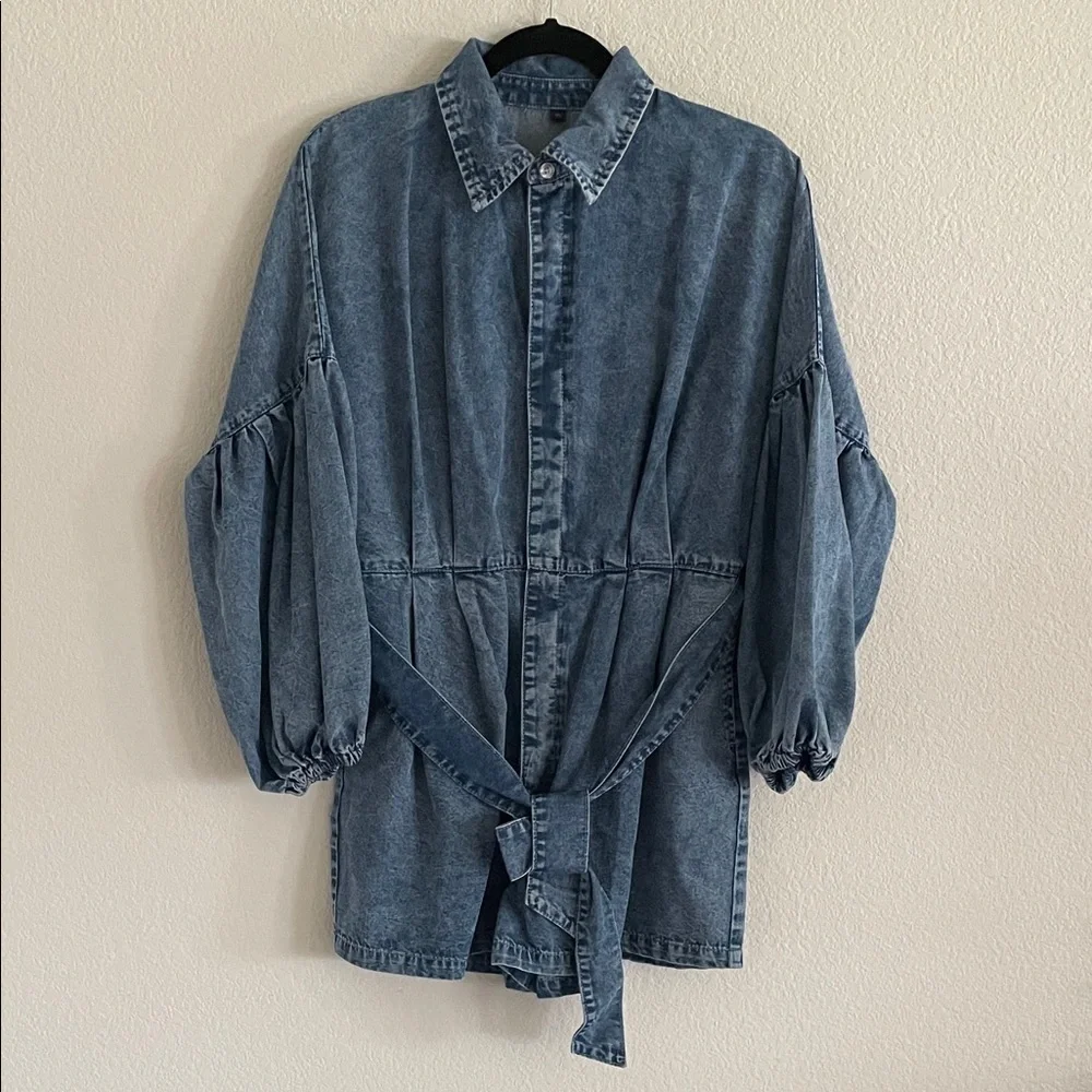 Women Denim Button-Up Ballon Sleeve Romper w/ Belt XL Causal Cotton Contemporary